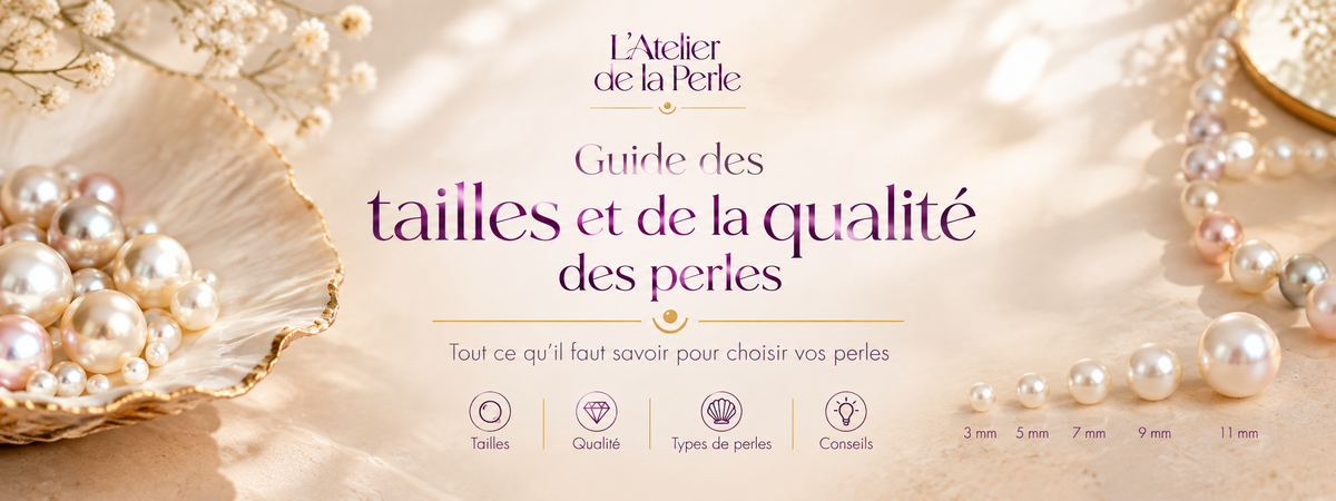 Coquille nacrée remplie de perles multicolores et collier de perles, avec le titre Guide des tailles et de la qualité des perles, quatre icônes (Tailles, Qualité, Types de perles, Conseils) et une échelle de perles de 3 à 11mm